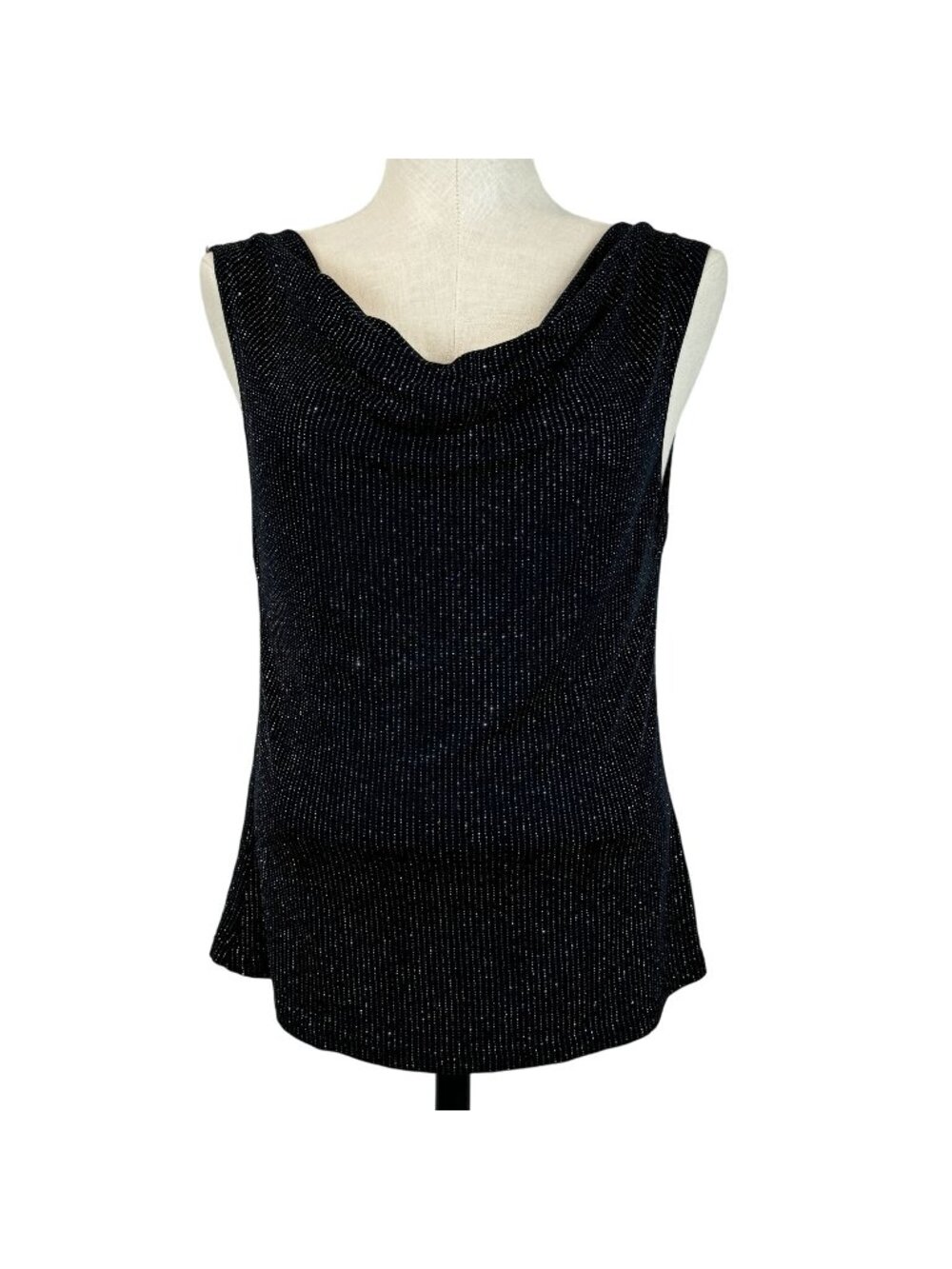 Vtg Sleeveless Cowl-Neck Sparkle Blouse SIze LA Black Top By Blasia Made In USA